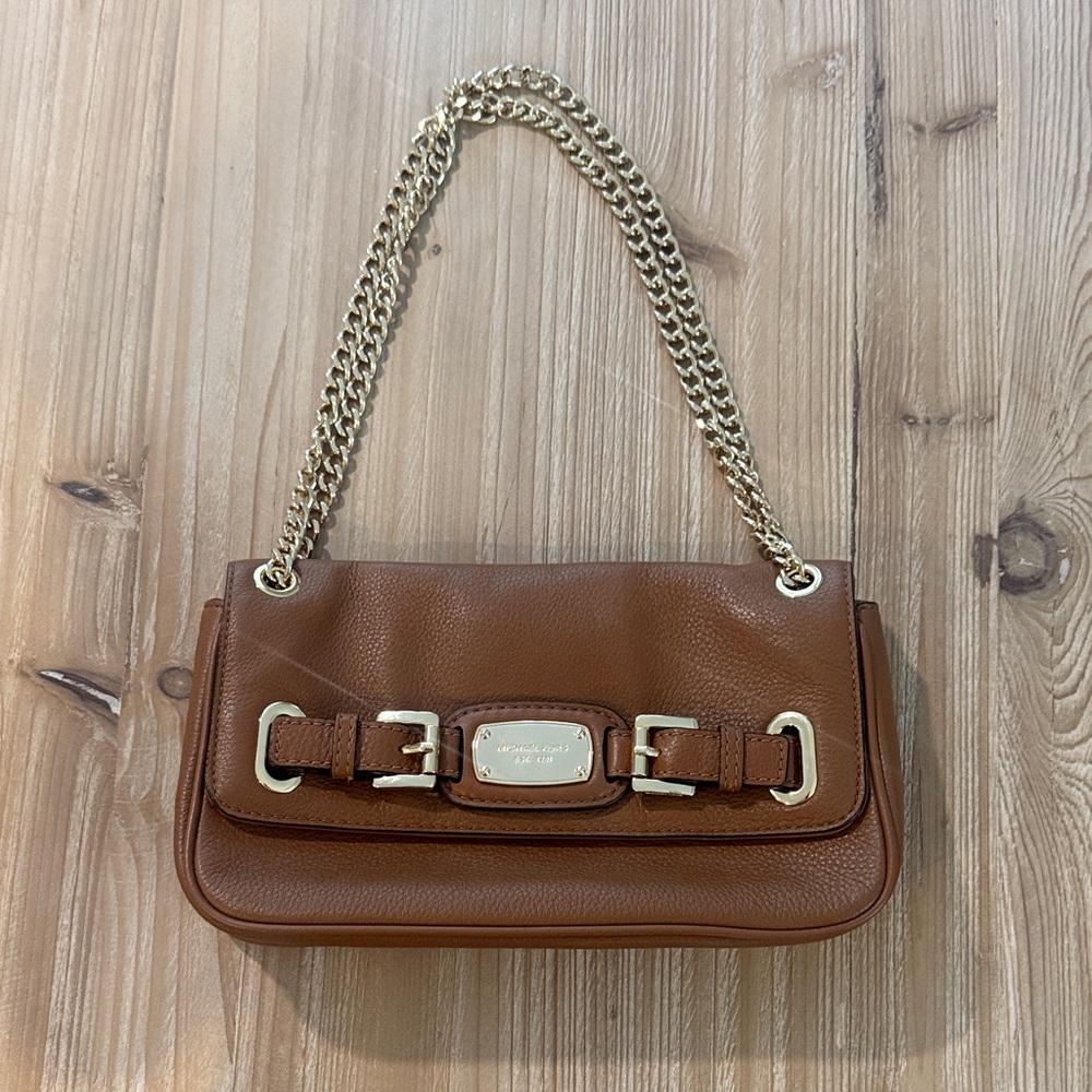Michael Kors Brown Leather Shoulder Bag with Gold Chain